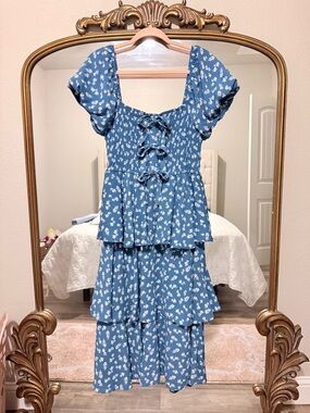 Blue Floral Tiered Midi Dress with Puff Sleeves